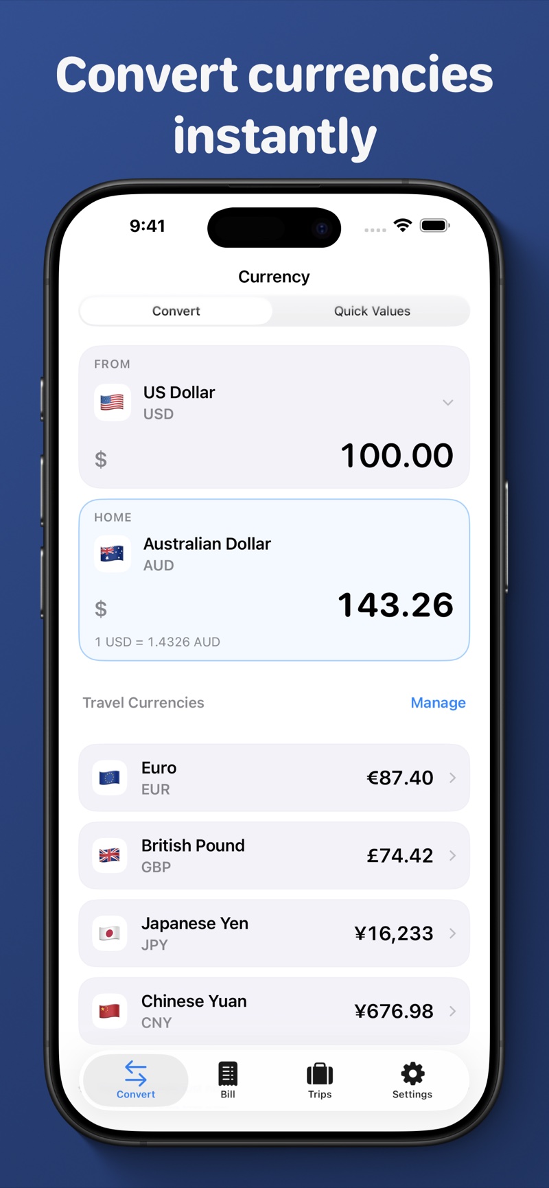 Currency Companion converting US dollars into Australian dollars, euros, pounds, yen and yuan