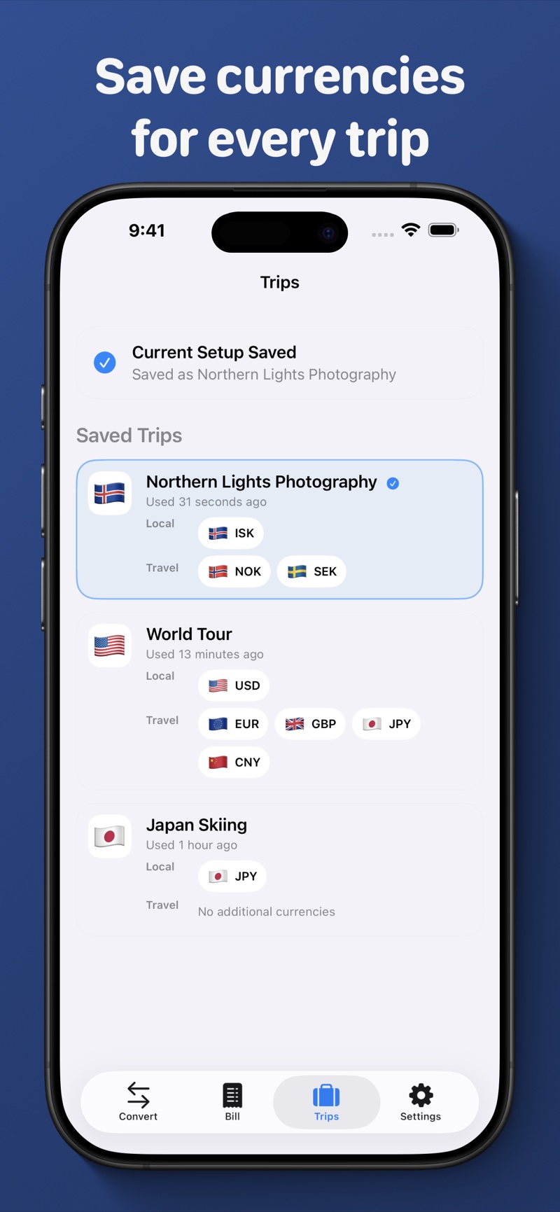 Saved travel currency setups in Currency Companion