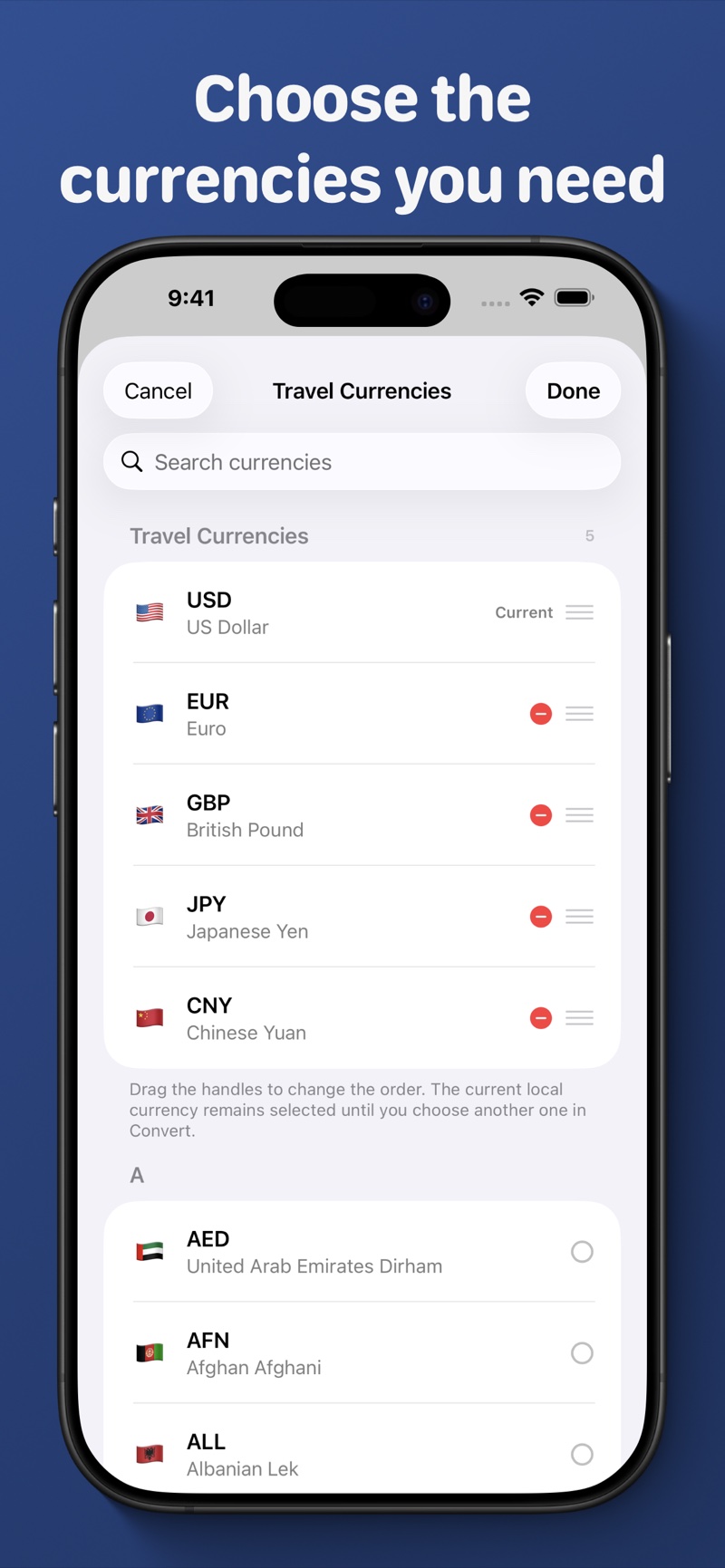 Travel currency selection and ordering