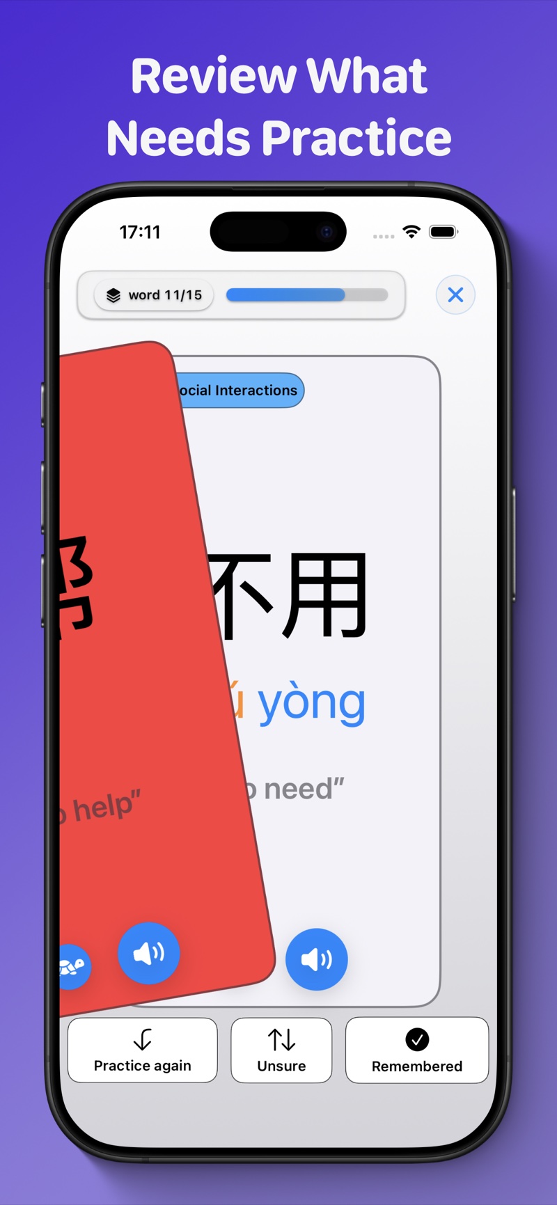 A flashcard swiped left to mark a word for more practice