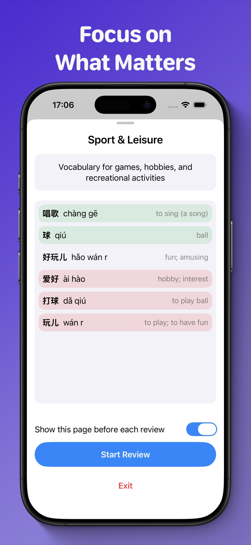 A focused Sport and Leisure vocabulary list
